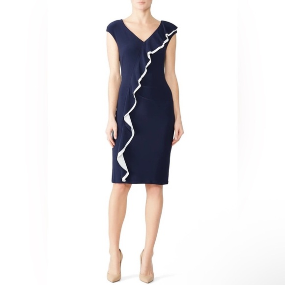 Lauren Ralph Lauren Navy Blue White Ruffle Classic Preppy Mini Dress- Size 2 - Picture 2 of 8
